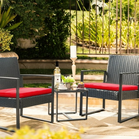 Lacoo 3 Pieces Patio Indoor Conversation Set Cushioned PE Rattan Bistro Chairs Set of 2 with Coffee Table, Black/Red