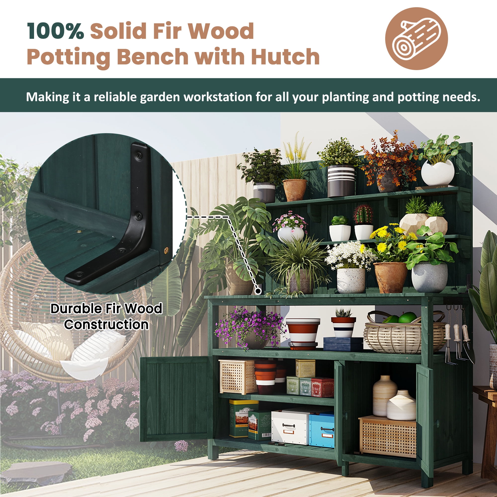 Yoneston Potting Bench with Hutch, 50.2" Solid Fir Wood Garden Workstation with Large Countertop, 2 Shelves, 2 Cabinets & 3 Side Hooks, Outdoor Planting Table for Gardening,Green