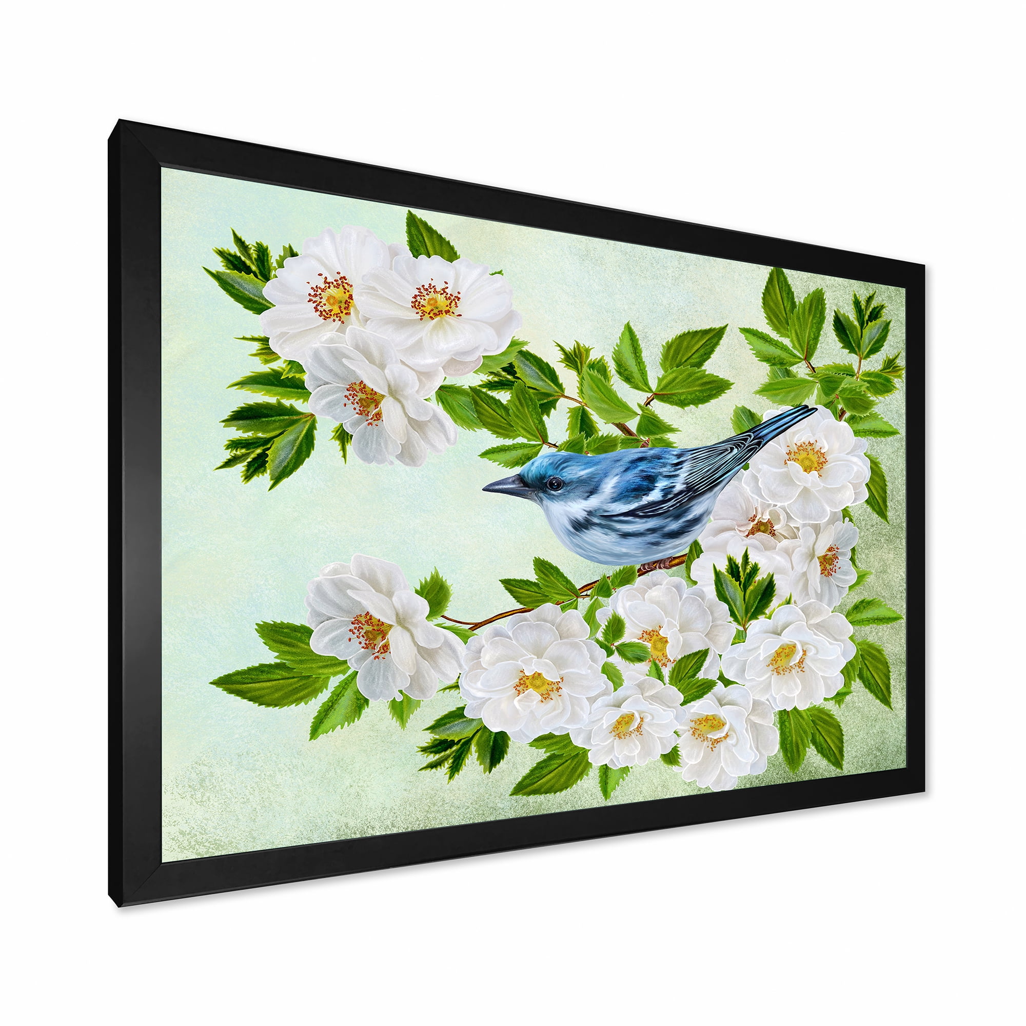 Designart 'Little Blue Bird Sitting On A Branch of White Rose Plant' Traditional Framed Art Print