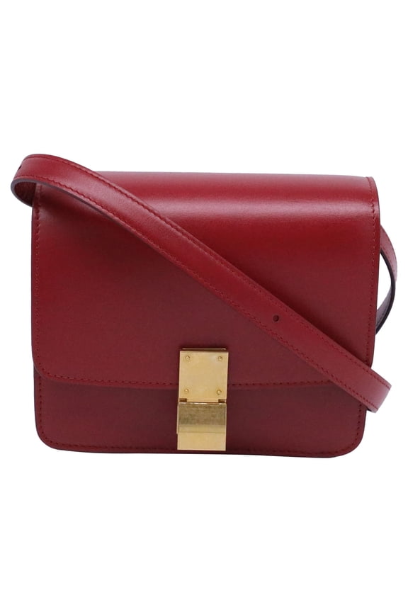 Pre-Owned Celine Classic Box Small Shoulder Bag in Burgundy Calf Leather