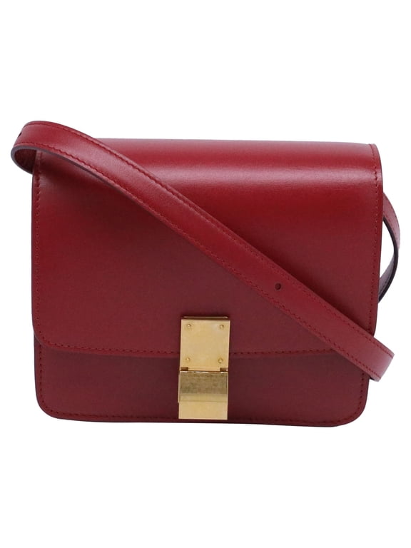 Pre-Owned Celine Classic Box Small Shoulder Bag in Burgundy Calf Leather