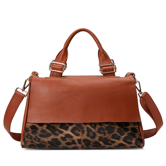 Genuine Cowhide Leopard Print Women Tote Bag, Caramel Shoulder Crossbody Purse