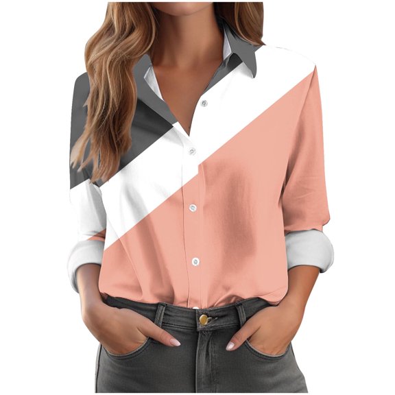 Women's T Shirt Long Sleeve Button Down Stand Collar Color Block Cardigan Blouse Orange M