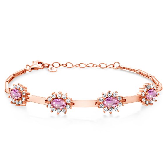 Gem Stone King 18K Rose Gold Plated Silver Pink Sapphire and White Created Sapphire Bracelet for Women (4.00 Cttw, Gemstone September Birthstone, Oval 6X4MM, 7 inch   1 inch Extender)
