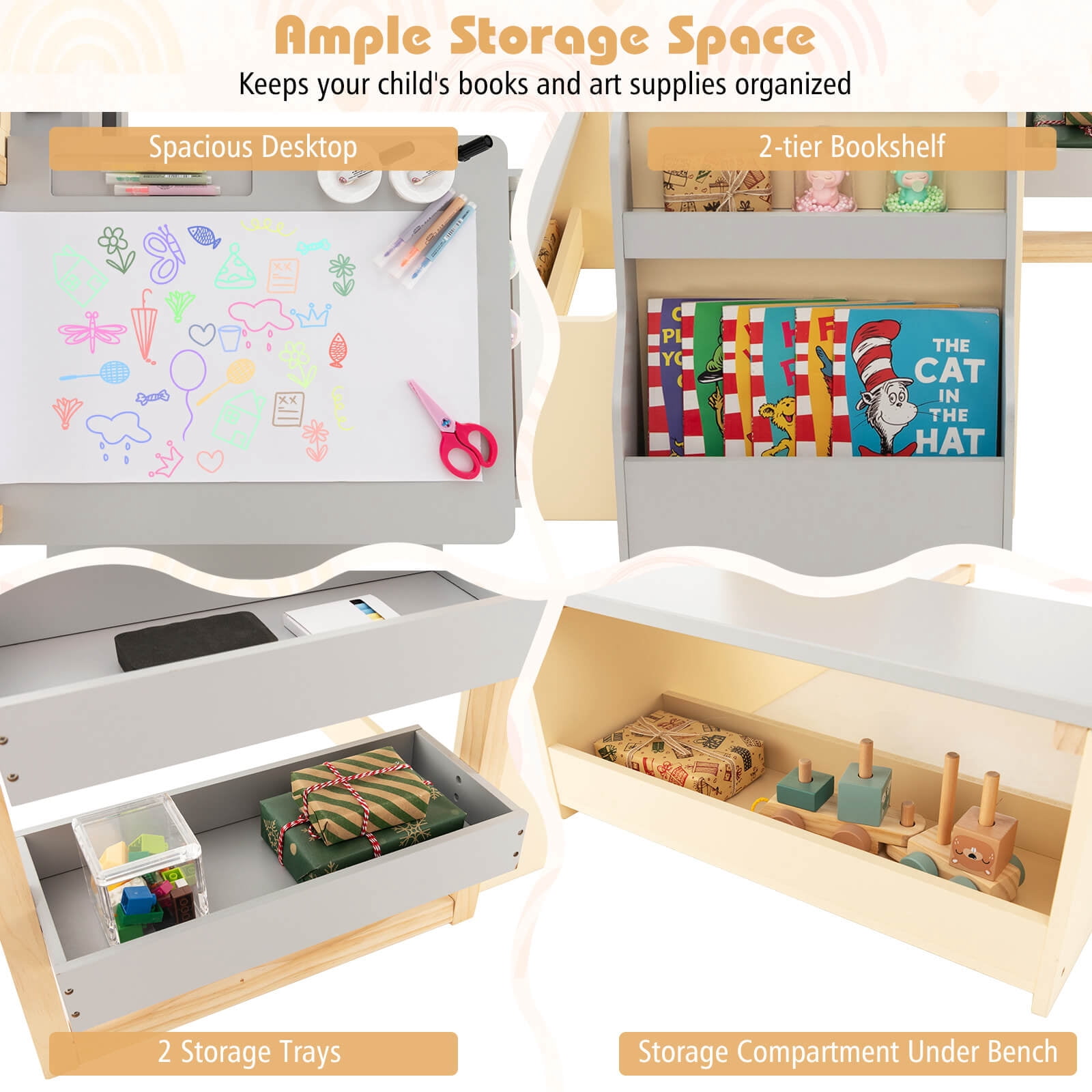 Infans Kids Art Center Wooden Table Bench Set Adjustable Double-Sided Easel Storage