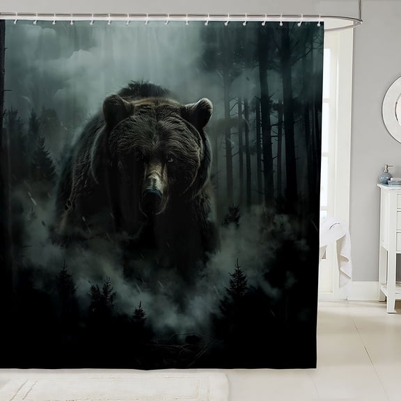 Manfei Grizzly Bear Shower Curtain 72Wx72L, Vintage Farmhouse Animal Bathroom Curtain, Black Gray