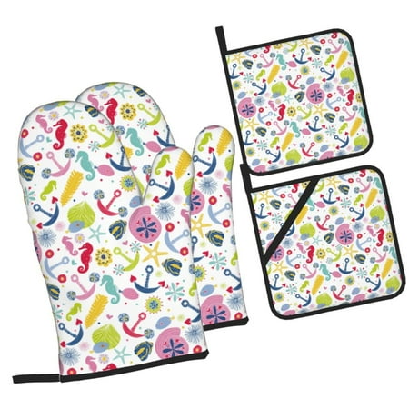

Haiem Undersea Seahorse Print Extra Long Oven Mitts and Pot Holders 4pc Sets: Heat Resistant Silicone Oven Mittens with Mini Oven Gloves and Hot Pads Potholders
