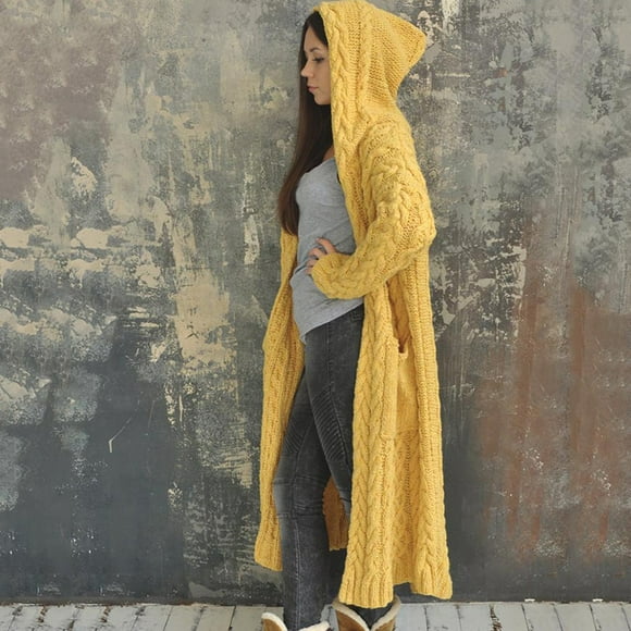 Wiyuqeen Hooded Open Front Cardigan for Women Cable Knit Sweaters Chunky Long Sweater Coat Pocketed Oversized Knee Length Long Coats with Pockets