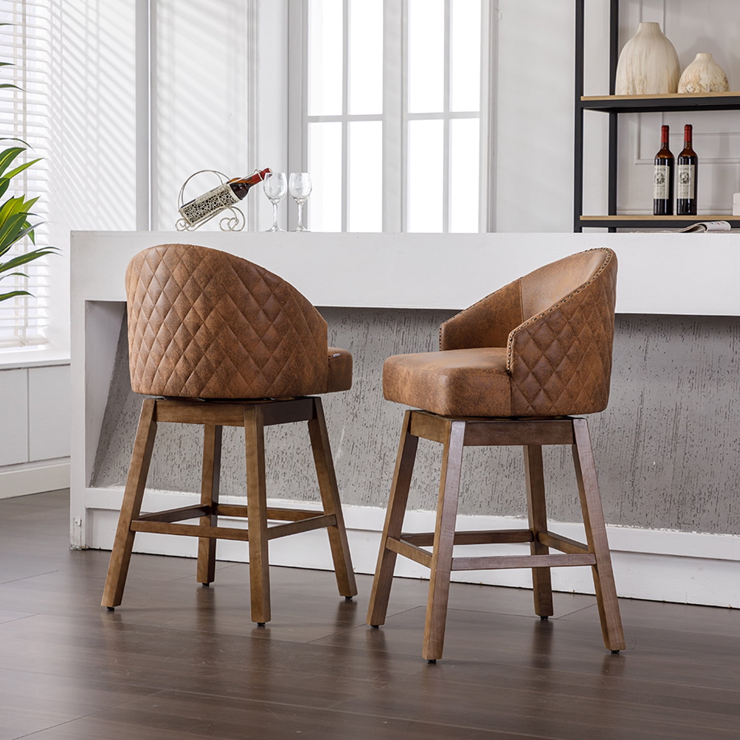 Demi Bonn 39" Counter Height Bar Stools Set of 2, Polyester Upholstered Swivel Barstools with Backrest, Kitchen Island Countertop Chairs for Dining Room, Brown