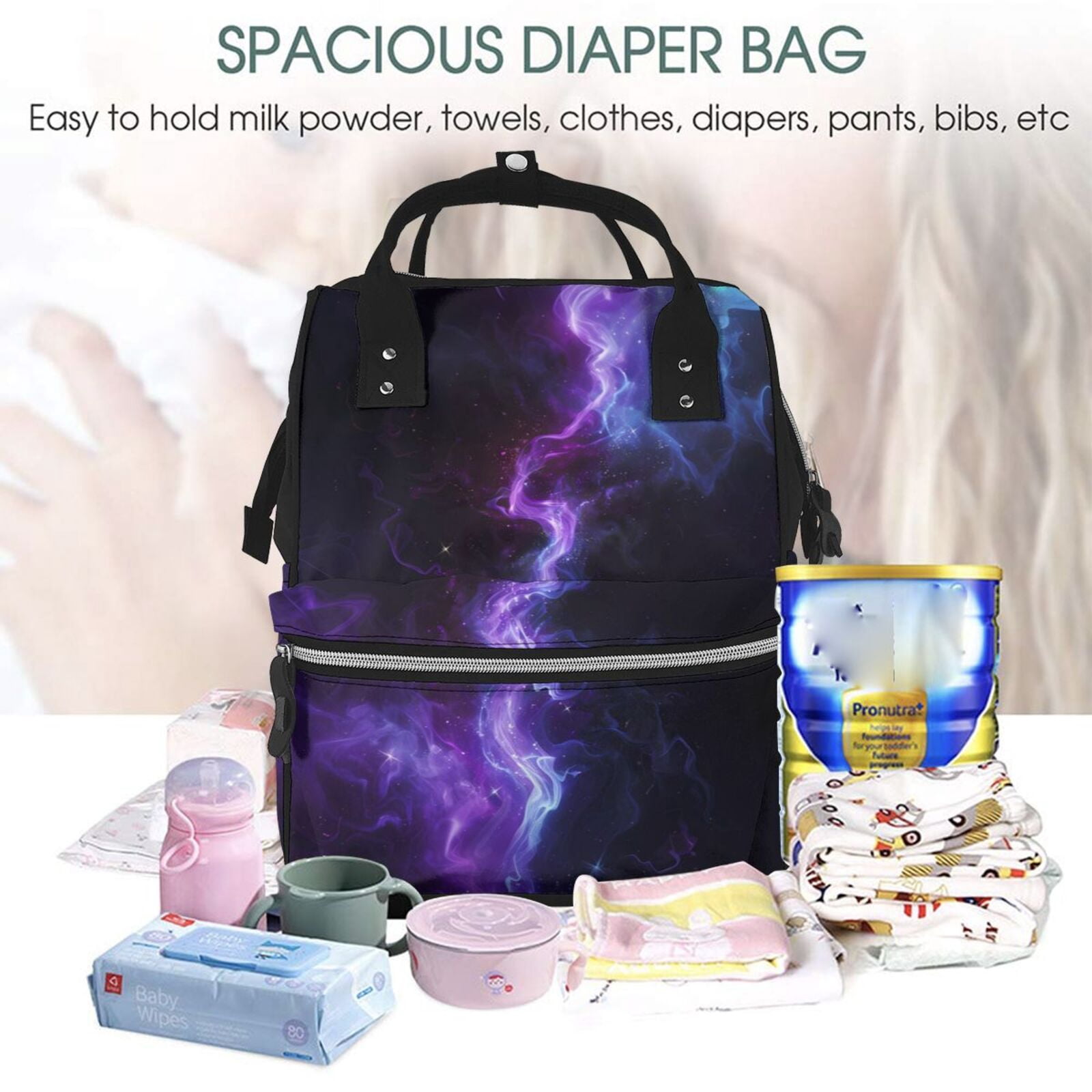 Ratiio Purple And Blue Nebula Mummy Backpack - Waterproof Twill Canvas, Large Capacity Diaper Bag with Multiple Pockets and Adjustable Straps