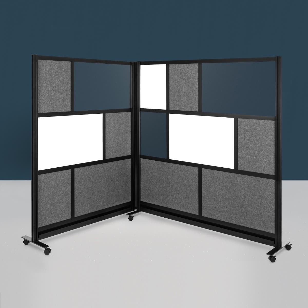 Luxor Workflow Modular Wall Bundle with 2 Walls + Hinge + Casters, 70" x 70" & 53" x 70", Black, Freestanding