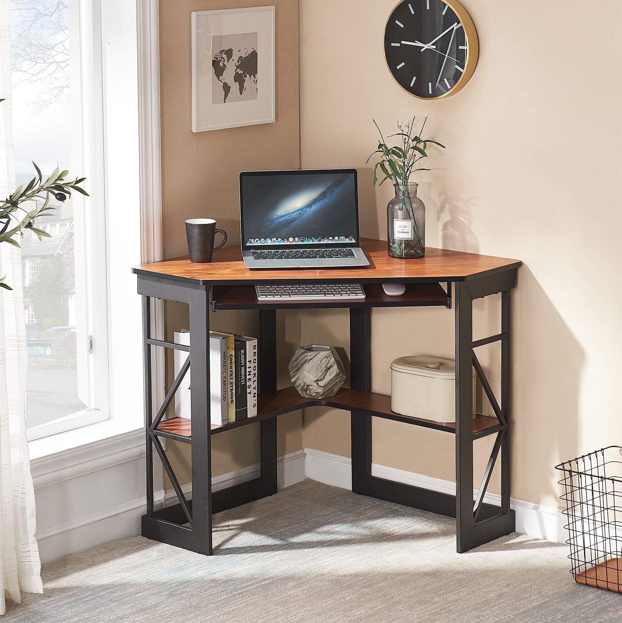 VECELO Corner Computer Desk with Keyboard Tray and Storage Shelf, Student Study Writting Table Workstation for College Dorm Apartment Home Office, Brown (90 Degrees)