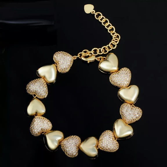 Cubic Zirconia Micro Pave African 585 Yellow Gold Love Heart Bracelets for Women