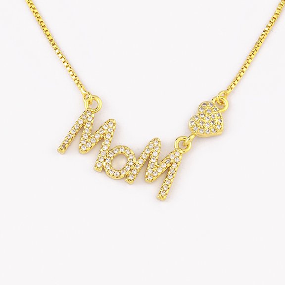 Letter Mom Heart Shape Pendant Shiny Rhinestone Women 14K Yellow Gold CZ Necklace Jewelry Mother's Day Exquisite Gift Choker Chain