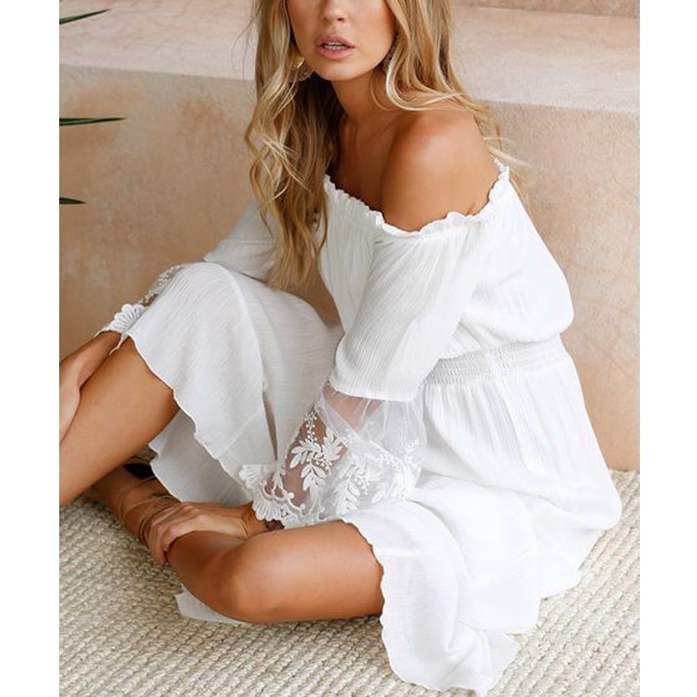 Women Maxi Long Dress Off the Shoulder Lace Flare Sleeve Elegant Evening Party Boho Dress White