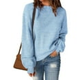 thumbnail image 2 of Womens Cable Knit Long Sleeve Sweater Crew Neck Solid Color Tops Casual Loose Pullover Sweatshirt Oversized Shirt (Light Blue XL), 2 of 6