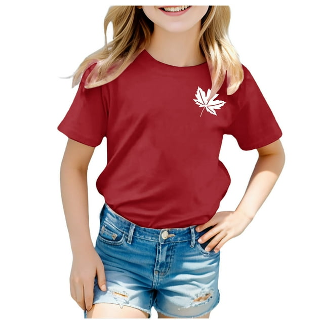 GDREDA Canada T-Shirts Imprimé Drapeau Filles Manches Courtes T-Shirt Col Rond Été Coupe Décontractée T-Shirts Basiques