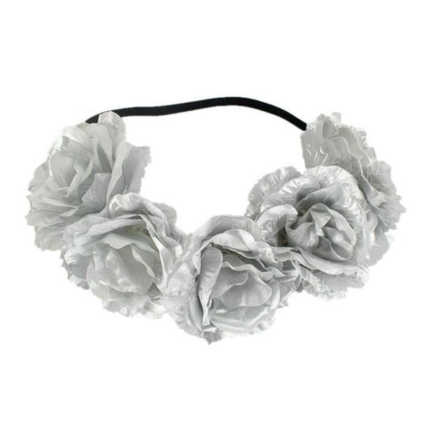 Diadema playera con rosas para el pelo, corona de vacaciones, adorno de flores para el pelo para niñas y mujeres (plateado)
