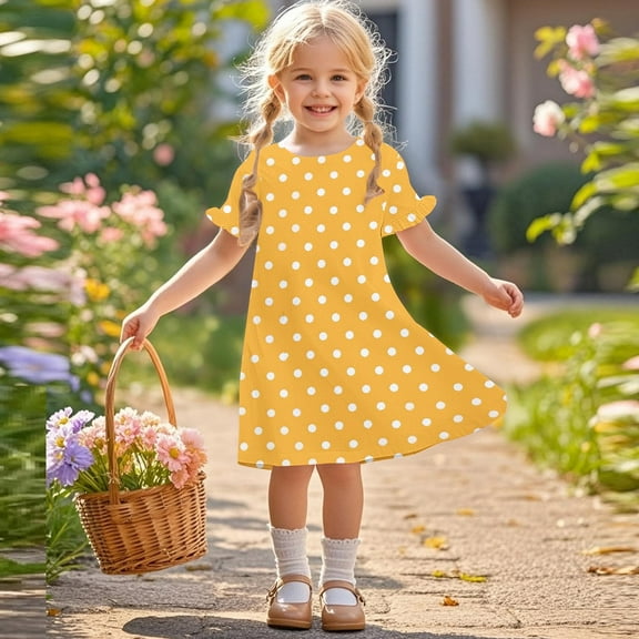 Vmvidoty Girls Summer Casual Short Sleeve Crew Neck T Shirt Dresses Loose Swing Yellow 7 Years