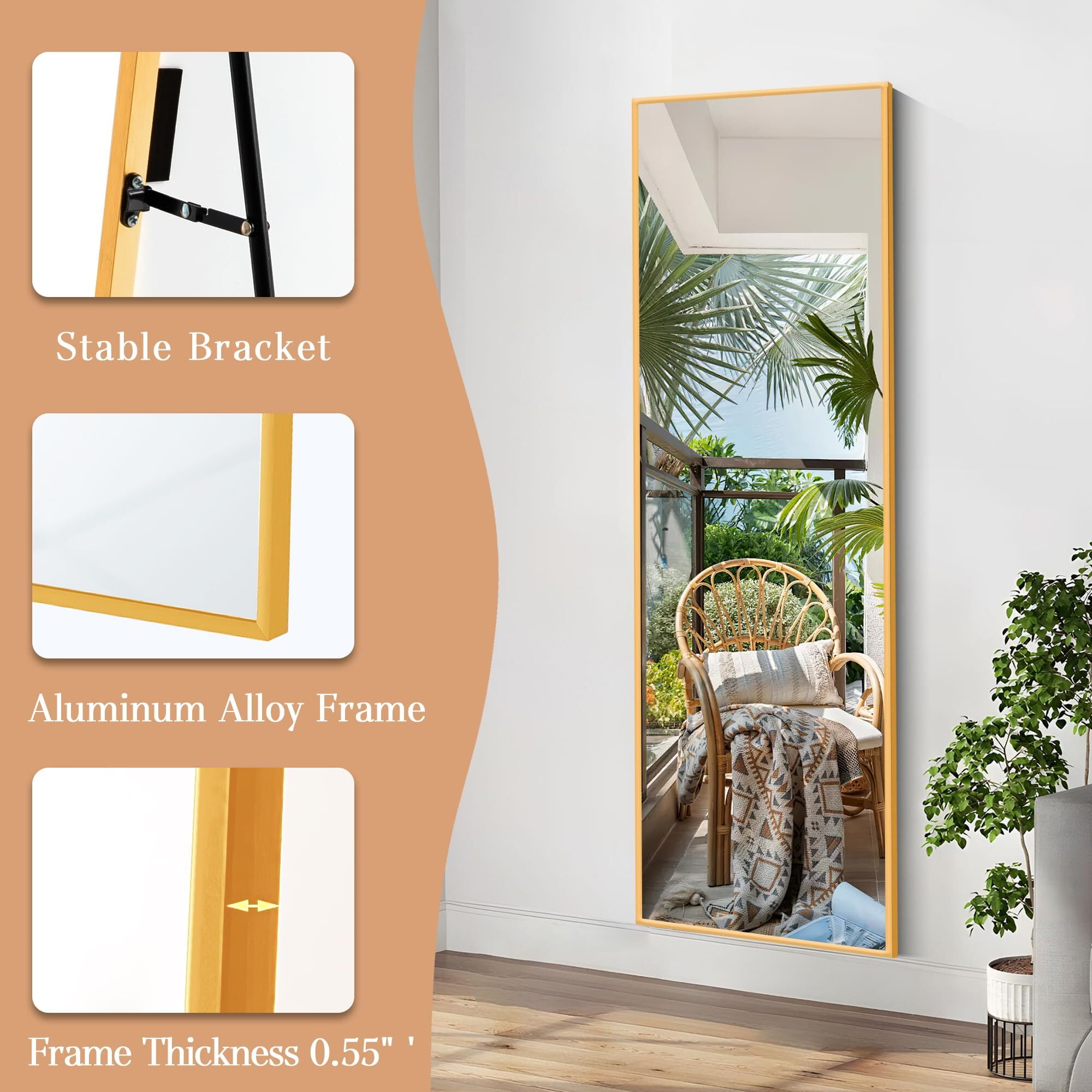 Anyrose 76"x 34" Rectangular Full Length Mirror Floor Body Mirror with Stand,Gold