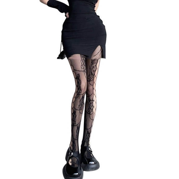 ZPAQI Women Gothic Punk Sexy Black Fishnet Pantyhose Harajuku Rose Flower Jacquard Sheer Mesh Tights Side for Cross Hollow Out Lingerie Stockings