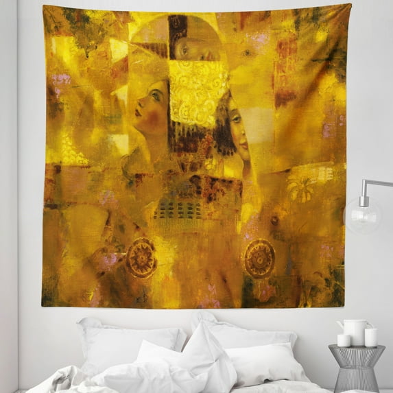 Art Tapestry, Vintage Woman with Reflection Effects on Drawing Old Fashion Lady Paint Print, Fabric Wall Hanging Decor for Bedroom Living Room Dorm, 5 Sizes, Ginger Earth Yellow, by Ambesonne