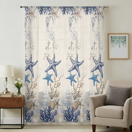Blue Coastal Sheer Curtains 96 Inches Long Summer Starfish Beach Nautical Coral Rustic Light Filering Curtains Privacy Drapes Simi Floor to Veiling Curtain for Living Room Bedroom Window Treatment