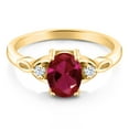 thumbnail image 2 of Gem Stone King 18K Yellow Gold Plated Silver Red Created Ruby and White Zirconia 3-Stone Rings for Women (1.56 Cttw, Gemstone July Birthstone, Oval 8X6MM, Available in Size 5, 6, 7, 8, 9), 2 of 4