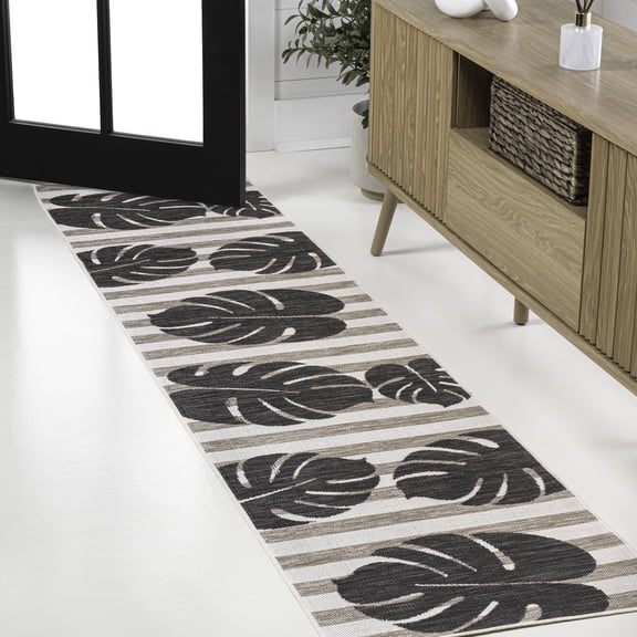 JONATHAN Y TUSCAN SUN 2 x 8 Runner Rug, Allison Beach Stripe and Monstera Leaf - Black/Beige, TSN400A-28