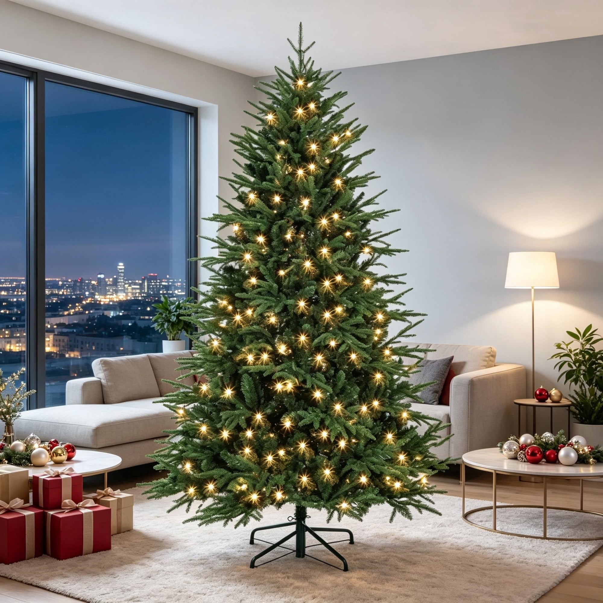 6 ft Wide Pre-Lit Christmas Tree with 300 Warm White LED Lights, 2345 Tips, Hinged Design, PE and PVC Foliage, Metal Stand