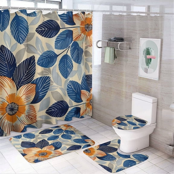 Shower Curtain Sets with Rugs 4 Piece Blue And Orange Flower Leaves with Non-Slip Rugs Toilet Lid Cover And Bath Mat Vintage Flower Bathroom Accessories Set Decor with 12 Hooks