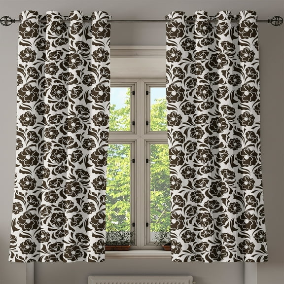 Ambesonne Vintage Grommet Curtain, Nostalgic Flora Pattern, 50" x 54", Dark Brown and White