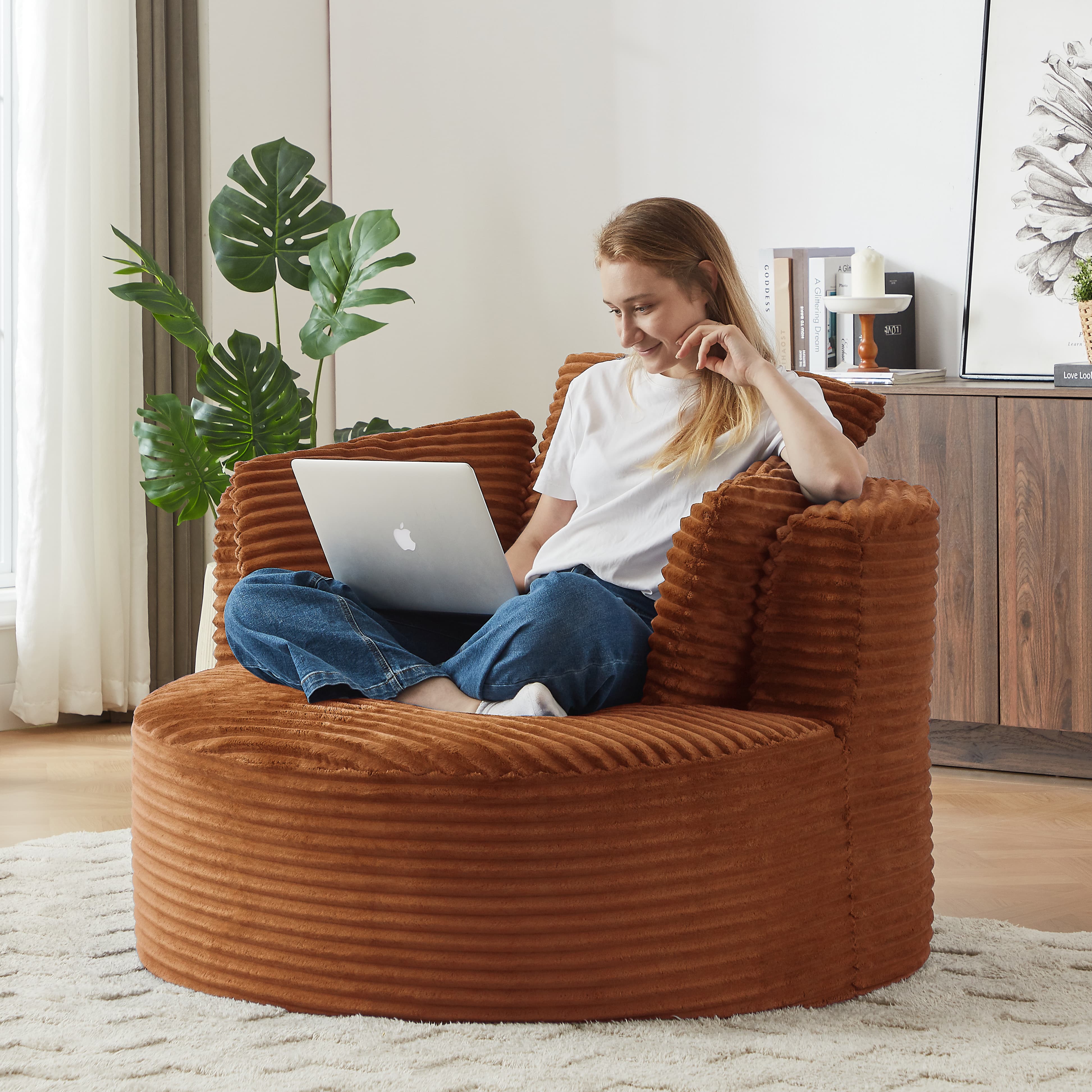 MAYEERTY Compressible Corduroy Round Lounge Sofa, Modern Couch with Spring Cushion for Apartment, 49*45*35"Orange