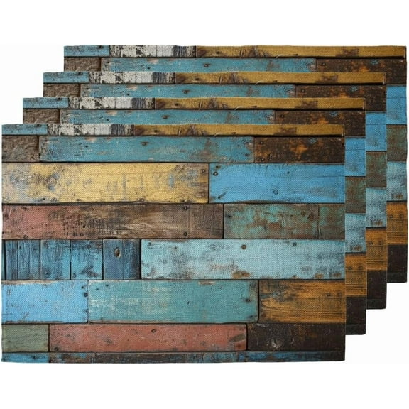 Rustic Wooden Placemats Set of 6 Washable Wooden Printed Summer Linen Table Mats 12 x 18 Inch Heat Resistant Place Mats Non-Slip Placemats for Dining Kitchen Dining Table Party Decor