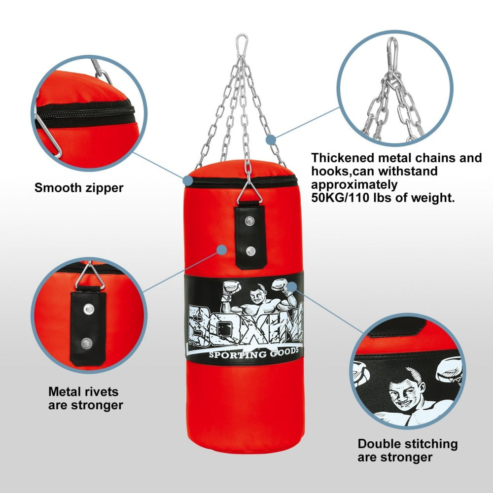 Kids Boxing Punching Bag Set - 2ft Leather Heavy Boxing Bag with Gloves & Bandage for Kids Children Youth Boxing, MMA, Home Gym & Martial Arts Training Equipment (Unfilled), Red