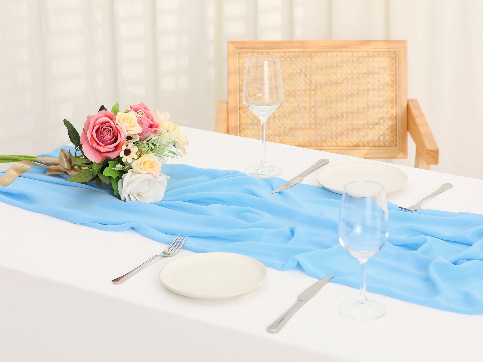 Unique Bargains 10ft Chiffon 120 Inch Long Sheer Romantic Table Runner (6 Count) Sky Blue 28x120 Inch