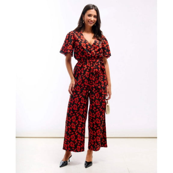 Red Floral Flutter Sleeve Jumpsuit