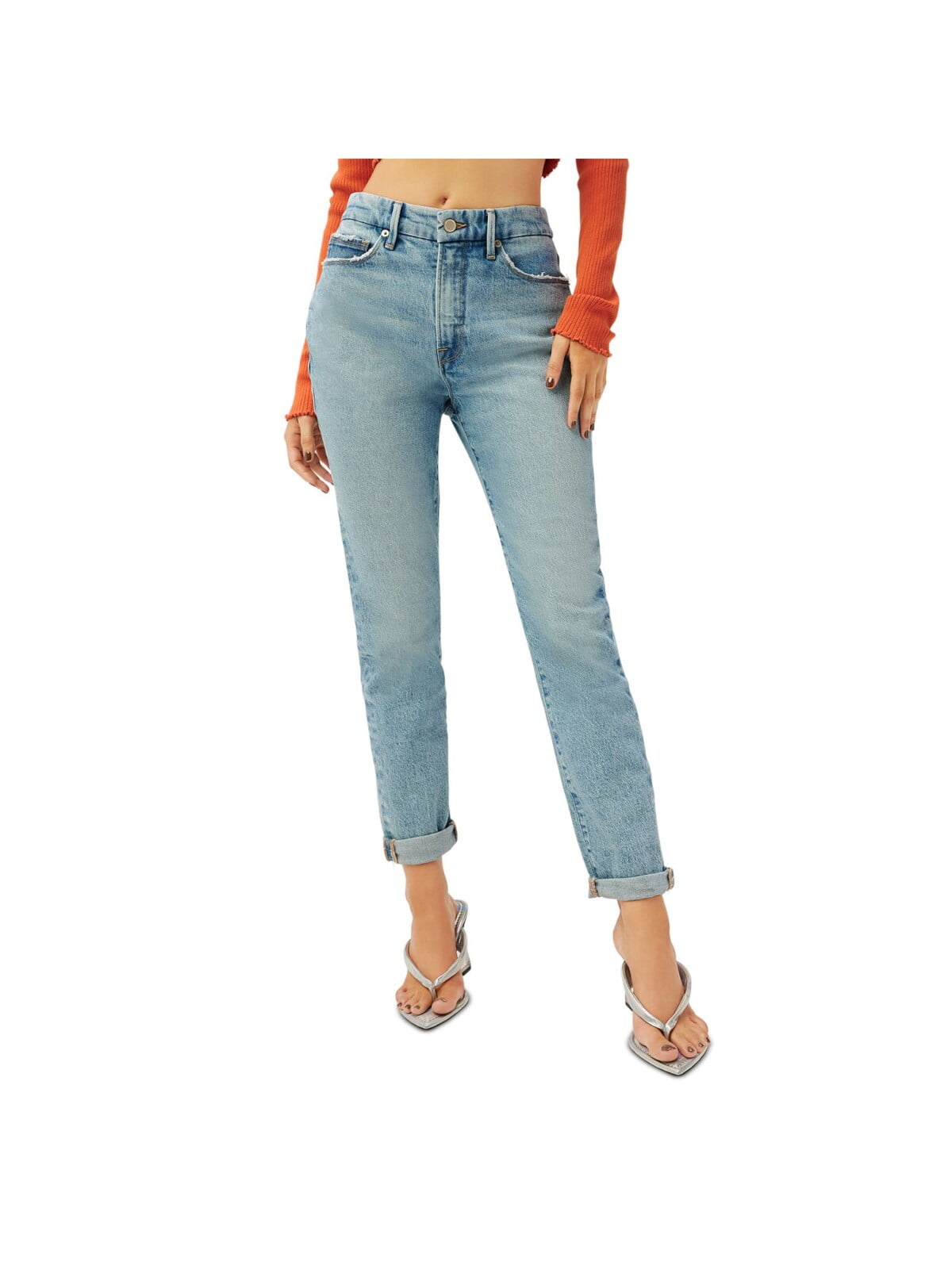 GOOD AMERICAN Womens Light Blue Denim Distressed Zippered Straight Leg