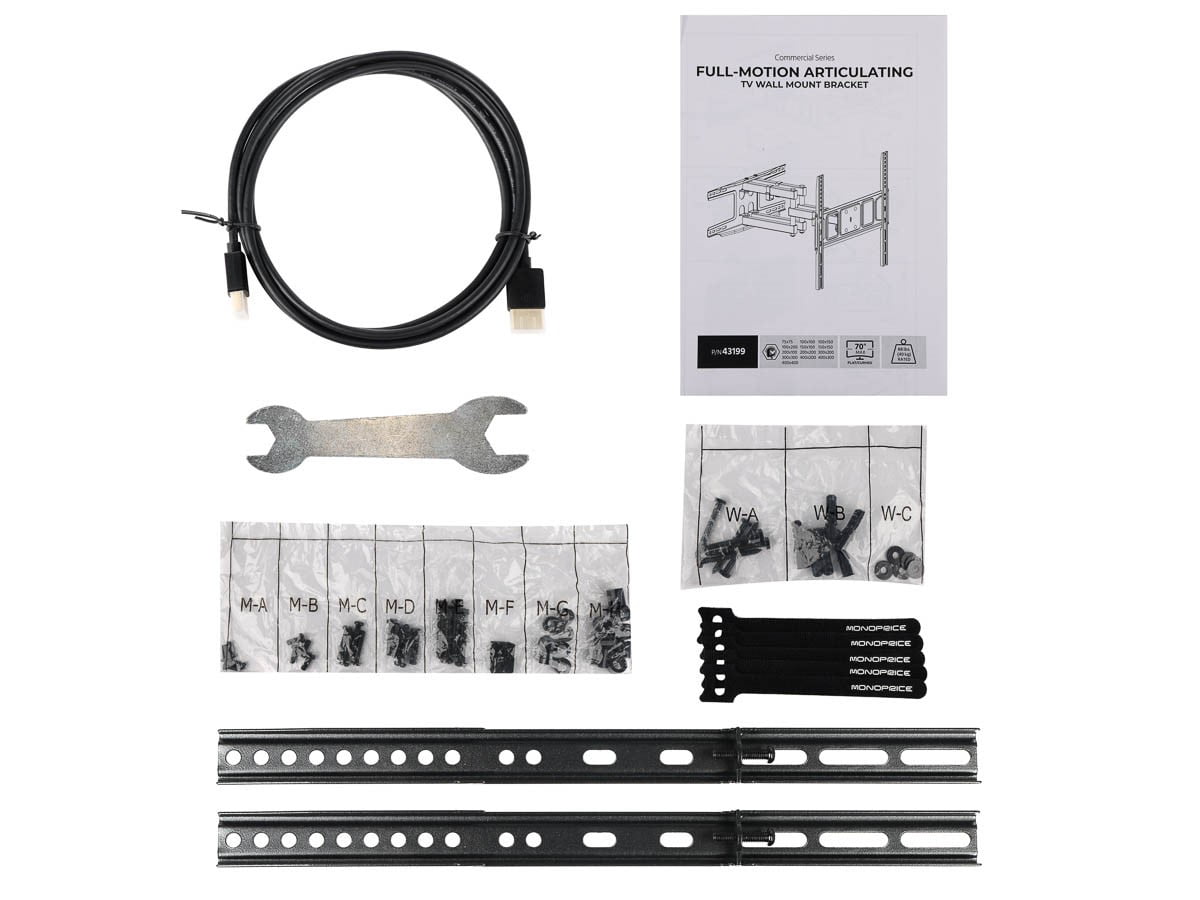 Monoprice Full-Motion Articulating TV Wall Mount Bracket For TVs 32in to 70in, Max Weight 88 lbs, Extension Range 2.4in to 18.4in, VESA Up to 400x400, Rotating, Fits Curved Screens - Commercial Series