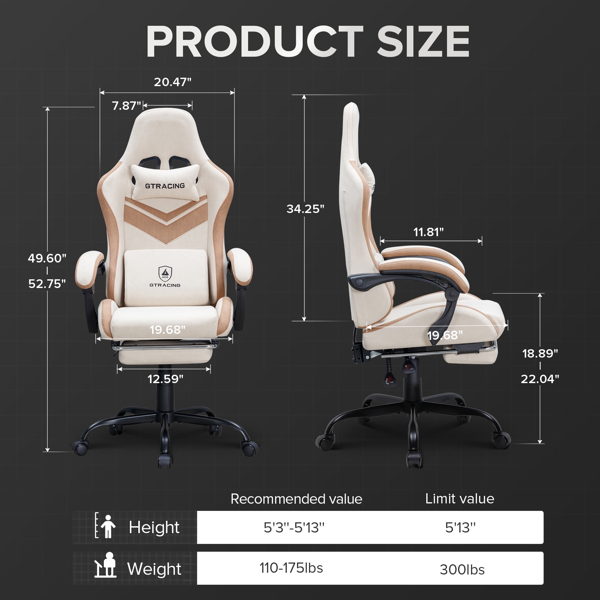 GTRACING Ergonimic Fabric Reclining Gaming Chair with Footrest and Linkage Armrests, Tan