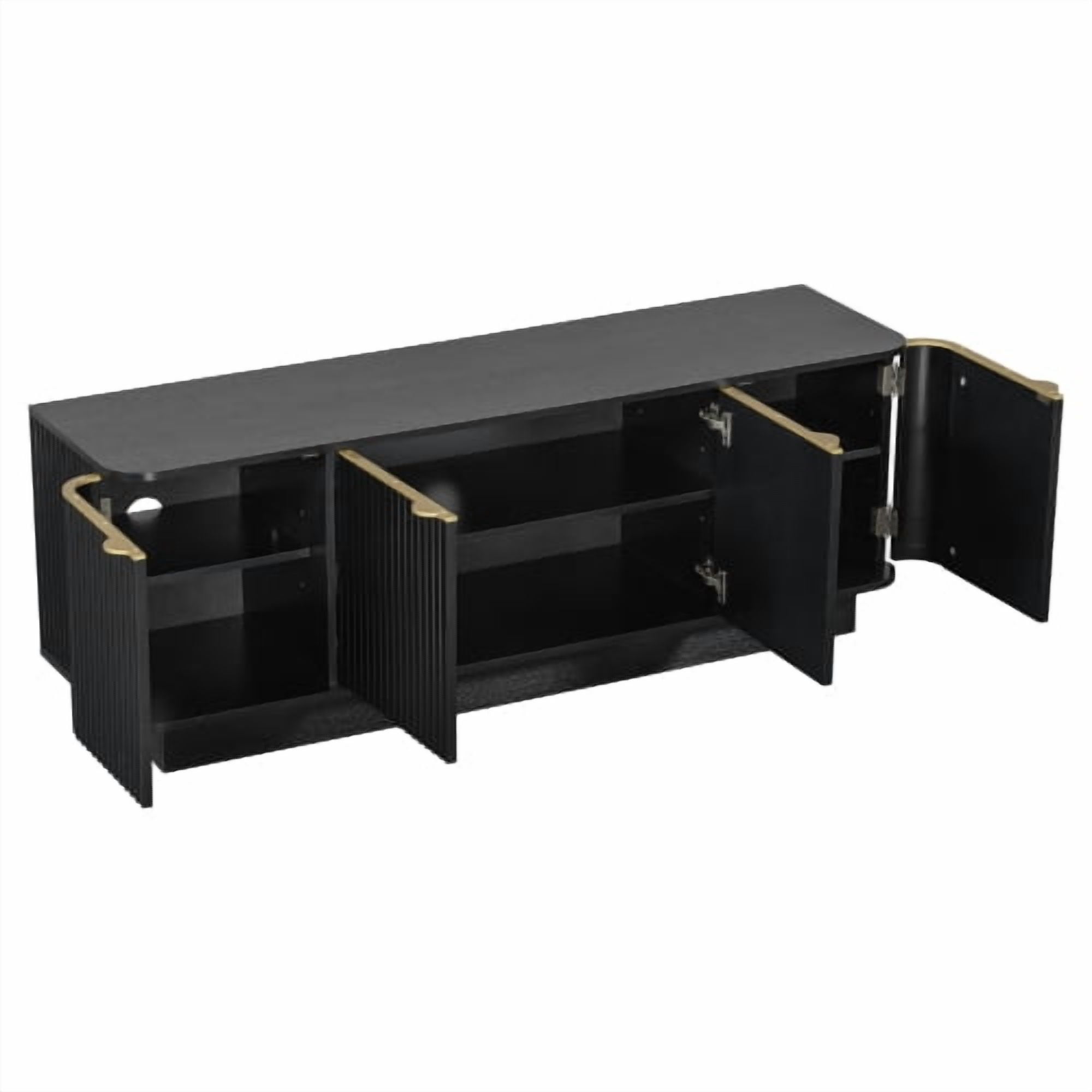 70 Inch Mid-Century Modern TV Stand, Fluted Wood Media Console with Adjustable Shelves and Cable Holes, Entertainment Center with Storage Cabinets, Farmhouse TV Cabinet for Living Room, Black