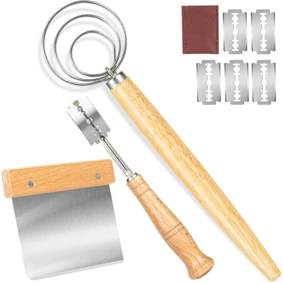 Danish Dough Whisk - Bread Whisk Set of 3 pieces, Bread Making Tools and Supplies, Danish Sourdough Whisks, Dutch Whisks for Dough, With Dough Scraper Sourdough Cutter,Doughs Scoring Tool Blades
