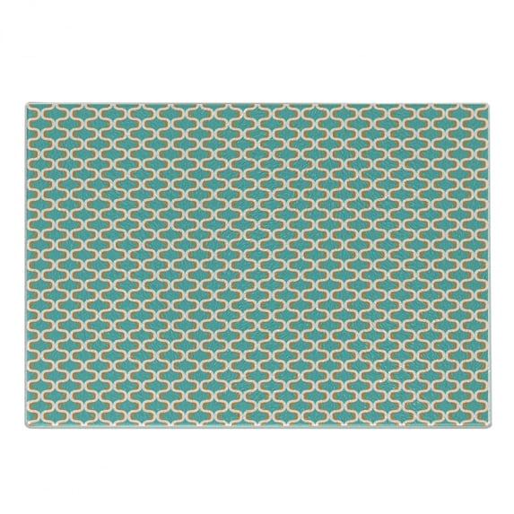 Geometric Cutting Board, Seventies Nostalgic Repeating Symmetric Mathematical Forms Design, Decorative Tempered Glass Cutting and Serving Board, Small Size, Orange White Teal, by Ambesonne