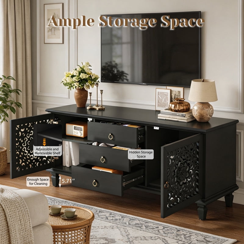 Vintage TV Stand with Carved Doors for 65'' TVs, Freestanding Storage Cabinet Media Console with Drawers & Adjustable Shelf