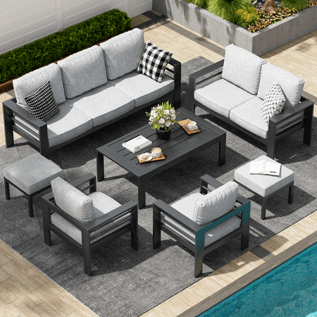 Yodolla 7 Pieces Aluminum Patio Furniture Sets On Sale Modern Outdoor Furniture Clearence With Grey Cushions For Outdoor