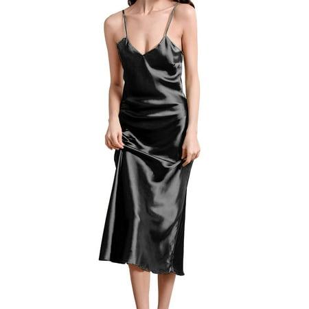 BadPiggies Women Satin Nightgown Lingerie Long Slip Sleep Dress Sexy V Neck Chemise Sleepwear (XL  Black)