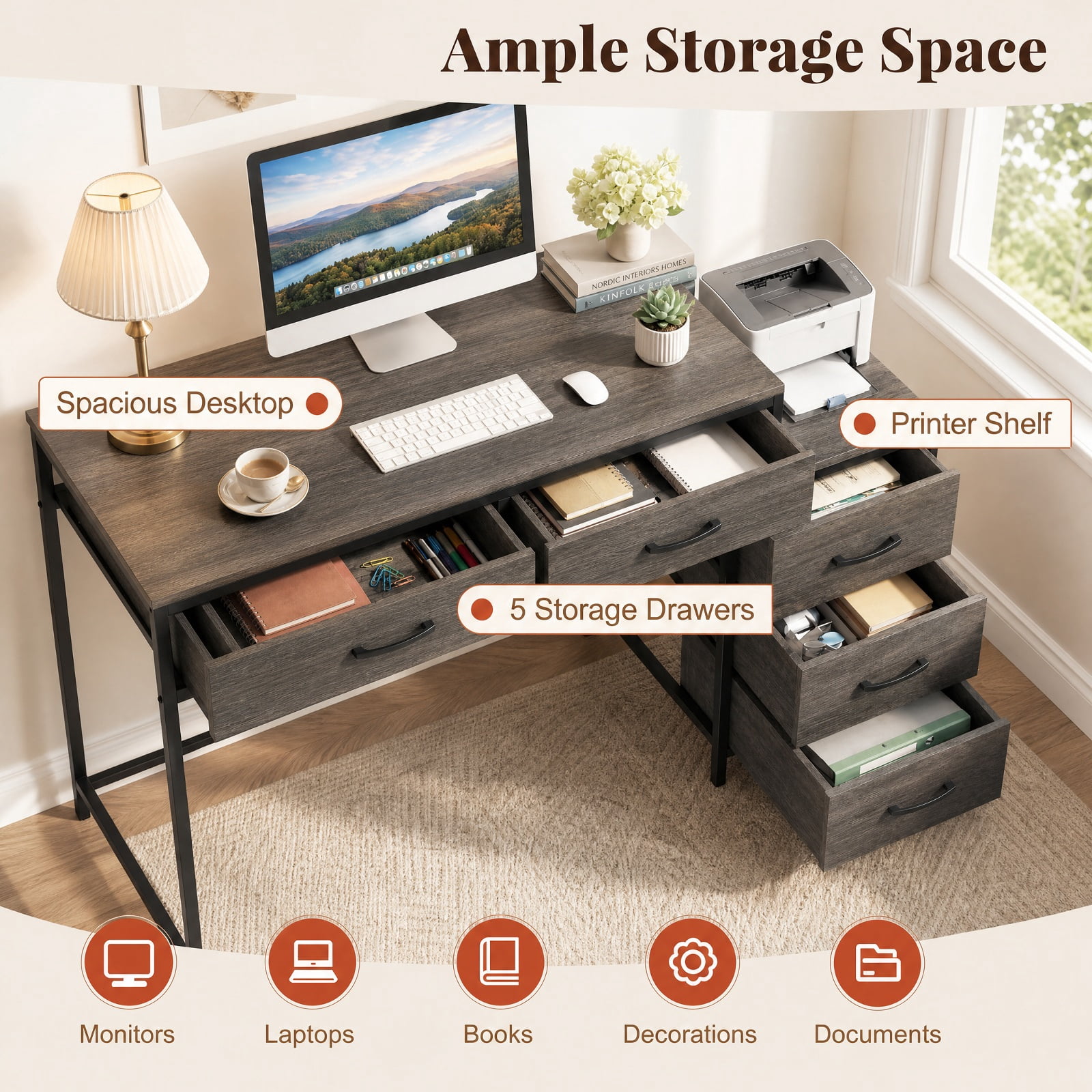 Furnibear Computer Desk with 5 Drawers and Printer Stand for Bedroom and Small Spaces for Home Office Study Computer Writing Workstation, Oak