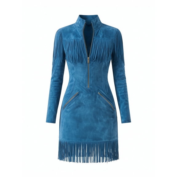 Long Sleeve Stretch Faux Suede Moto Dress Fringe Tassel Detailing Nashville Concert