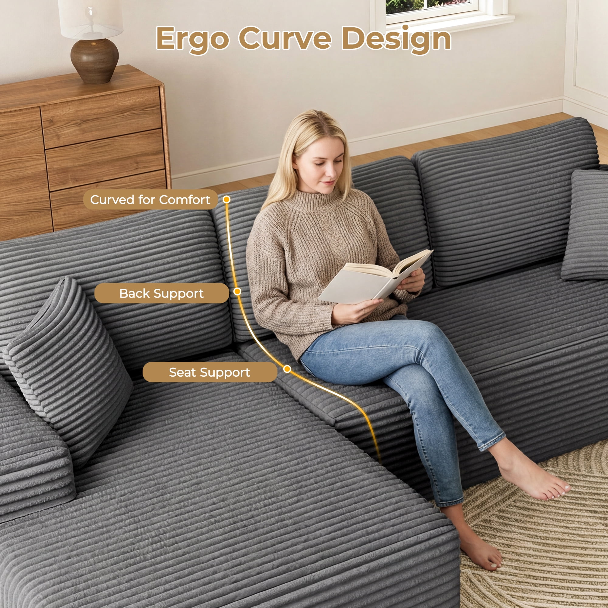 108" Boneless Sofa for Living Room, Neche Modern L-Shaped Corduroy Sectional, Modular Cloud Couch with Deep Seating Upholstered Sofa, Oversized,No Assembly, Gray
