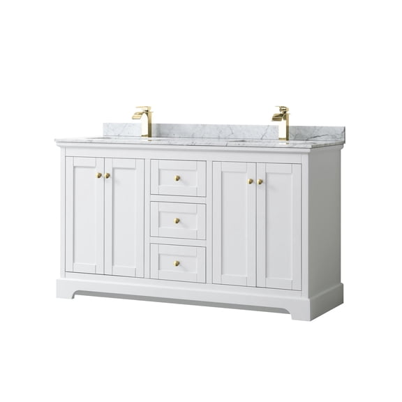 Wyndham Collection Avery 60 Inch Double Bathroom Vanity in White, White Carrara Marble Countertop, Undermount Square Sinks, Brushed Gold Trim